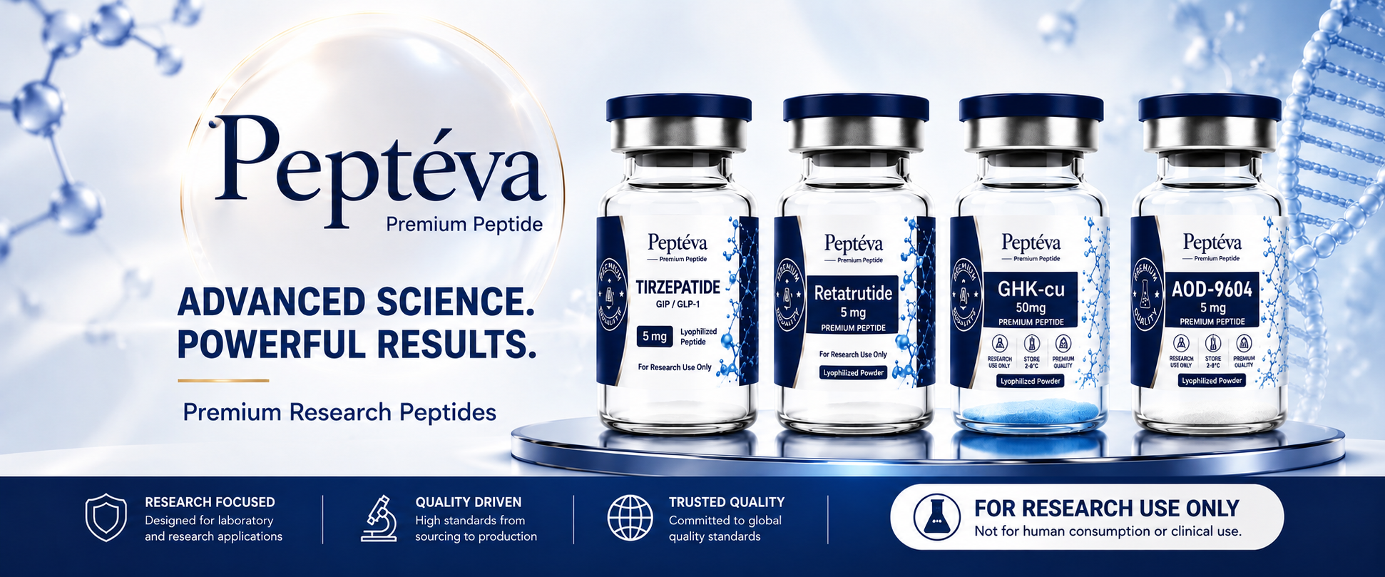 Peptéva premium research peptide vials — Tirzepatide and Retatrutide, lab-tested in Georgia